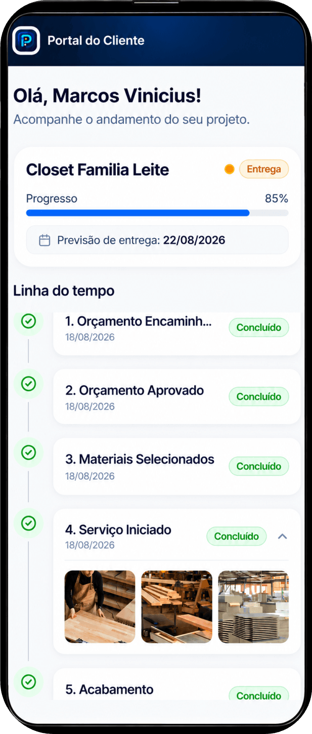 Tela do Portal do Cliente mostrando a linha do tempo de um projeto